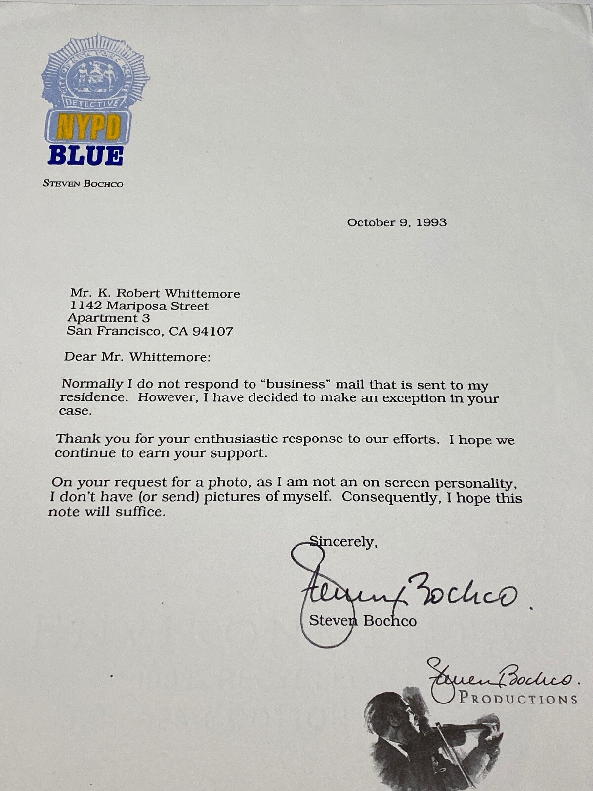 Steven Bocho Writer Producer Original Autograph Signed Letter NYPD Blue  Letter | eBay