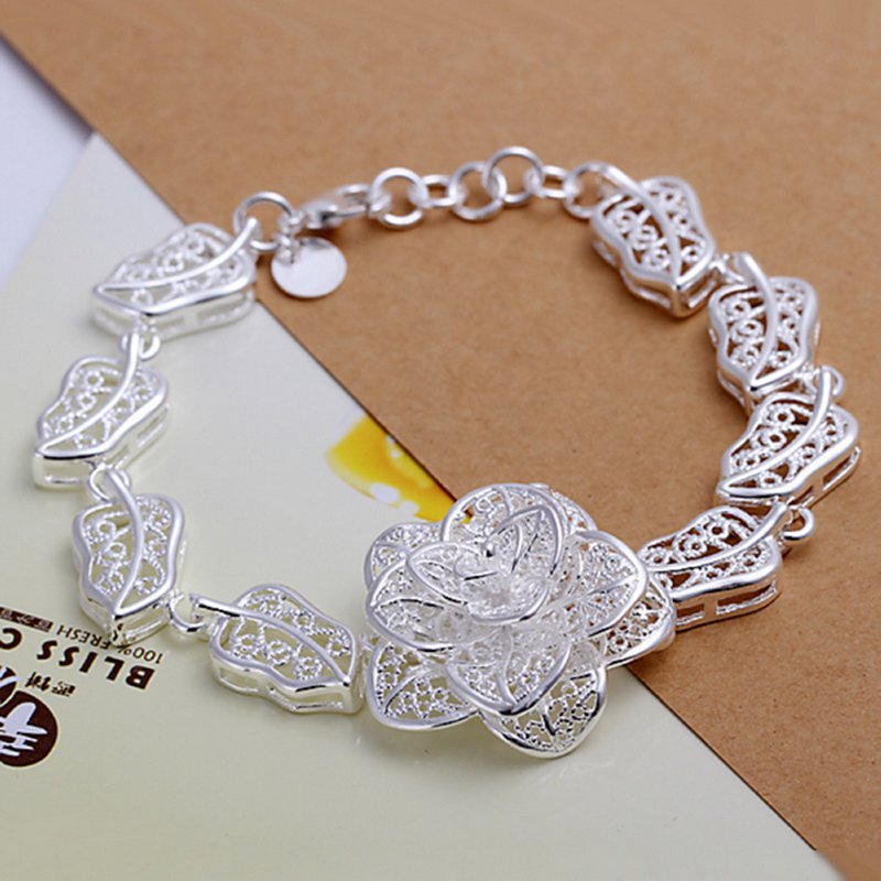 Fashion 925Sterling Solid Silver Jewelry Beauty Flower Bracelet