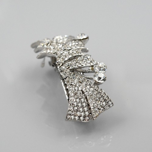 Silver Tone Clear Rhinestone Crystal Alloy Barrette Hair Clip pin 03550 Leaf - Picture 2 of 6