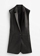 Massimo Dutti Black Leather Overcoat Waistcoat Sleeveless , Xs-s