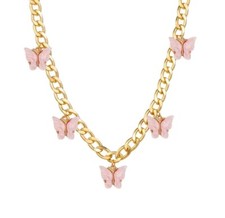 Pink Butterfly Gold Tone Chain Choker
