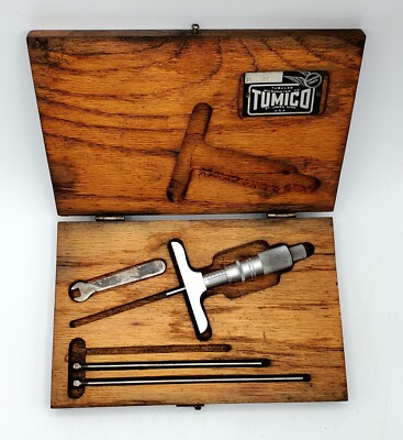 Tumico Depth Micrometer Set .001'' Grad, 0-3'' Range, 2 ½'' Base in Wood Case   USA
