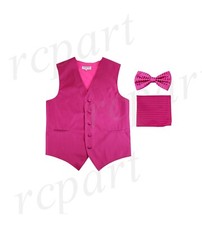 New Men's Tuxedo Vest Vertical Stripes Bowtie Hankie set prom party hot pink