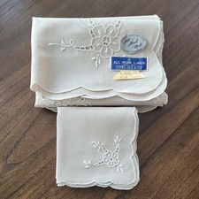 Oshiro Lace & Co Pure Linen Handmade Taupe Floral Tablecloth & Napkin Set