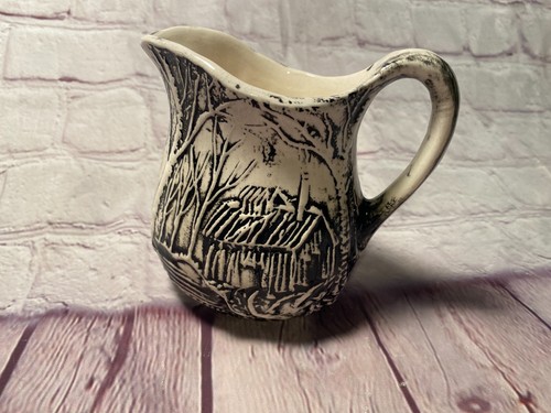 Meg Rimm Hand Crafted Cabin In The Woods Small Black White Pitcher Pottery 3D - Picture 11 of 13