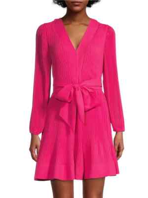 milly liv long-sleeve v-neck pleated belted mini dress NWT Milly Women Liv Pleated Tie-Waist Long Sleeve V-Neck Pink Mini Dress Sz  6