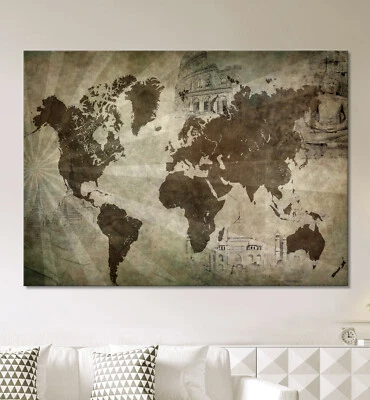 WELTKARTE Leinwand Bild Modern Abstrakt Schwarz Weiß Braun No Poster Wandbild XL - Bild 1 von 4