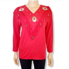 #B Vintage Saisa Western Fringe Shirt Women Medium Red Long Sleeve USA Made 80s