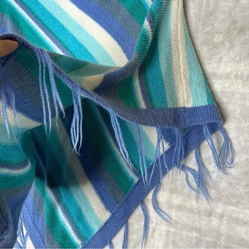 Striped Blue White Striped Knit Pullover Fringe Poncho and Blue Knit Beret Cap - Picture 3 of 5