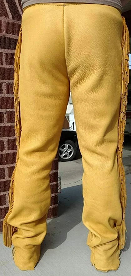 Men Native American Western Buckskin Ragged Leather Deerskin Pants Mountain Man - Image 2 of 4