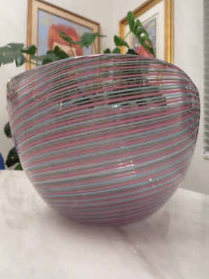 Large c.1970s Cenedese Pink Blue & Gray ''Filigrana'' Murano Art Glass Bowl 