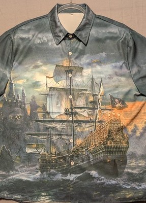 Mens XL Pirate Ship Button Up Shirt Green All Over Print Polyester