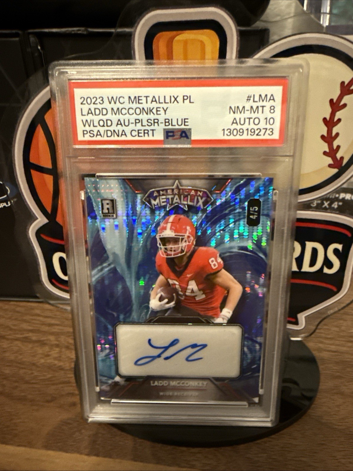 Ladd McConkey 2023 WC Metallix PL WLQD Blue Foil Pulsar /5 POP 1 PSA 8 AUTO 10 