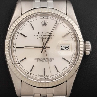 Rolex Datejust 16014 Acanalado Bisel Reloj 36mm Jubilee Plata Romano Índice Dial - Imagen 1 de 4
