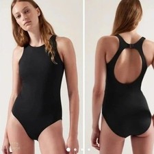 NWT 98 Athleta Maldives One Piece Swimsuit Black Open Back High Neck Size S