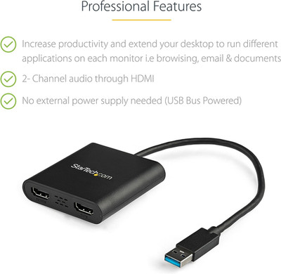 StarTech USB-A 3.0 to Dual HDMI Adapter for Windows, Dual Monitor USB to 2x H...