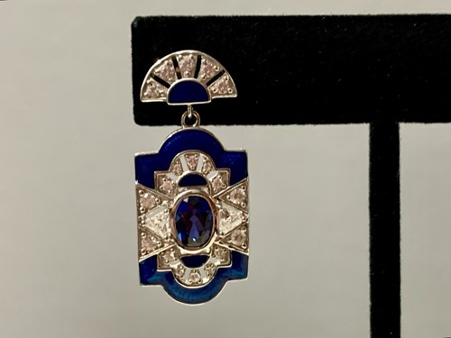 Art Deco Style Blue Glass & Blue Enamel Clear Zirconia Post Dangling Earrings - Picture 3 of 10