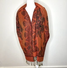 Pashmina Silk Scarf Shawl Wrap Red Orange Brown Fringe Old Money Luxury 66"x27"