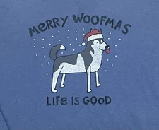 Life Is Good Merry Woofmas Long Sleeve Crusher Tee Blue Holiday Womans Large