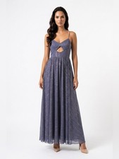 Leena Mac Duggal Maxi Dress with Front Cutout. Slate blue w/ gold threads. Sz 10