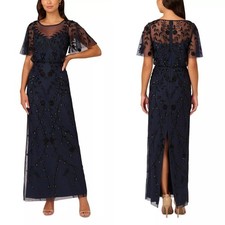 NWT New $299 Adrianna Papell Jasmine Beaded Blouson Navy Gown Size 8