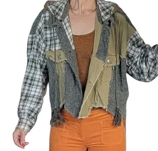 Miss Me Destructed Denim Cropped Jacket Pieced Plaided Flannel Crochet Smal NWNT