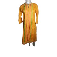 Indian Kurta Kurti Tunic Dress Pleated Yellow Cotton Printed Pullover Top Small