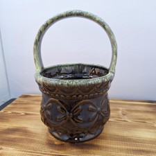 Vintage Hull Ceramic Basket Planter With Handle Dark Green Brown Made in USA
