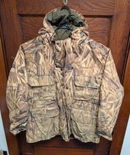 Vintage 90s Cabela's Wetlands Camo Hunting Puffer Men L USA Made Gore Tex Coat