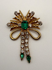 Vintage Scitarelli Brooch Dangle Rhinestone Green Clear Gold Tone Pin 1940s