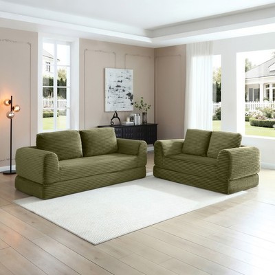 2-in-1 Folding Convertible Sofa Bed, Modern Corduroy Sleeper Couch with 2*pill