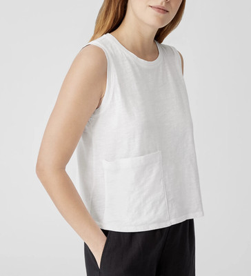 Eileen Fisher Women's White Organic Cotton Big Pocket Slub Crew Neck Tank Sz M