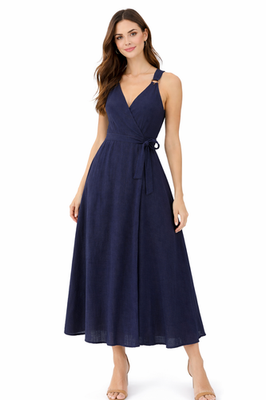 Joh Apparel Navy Blue Wrap Dress Women Sleeveless V-Neck Midi Tie Waist S M  L | eBay