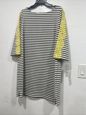 Eliza J Women Size 16 Shift Dress Dark Gray Beige Striped Yellow Lace 3/4 Sleeve
