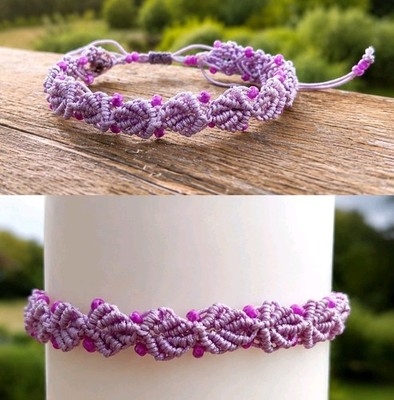 Makramee Armband lila/rosa mit Perlen Bindeverschluss größenverstellbar