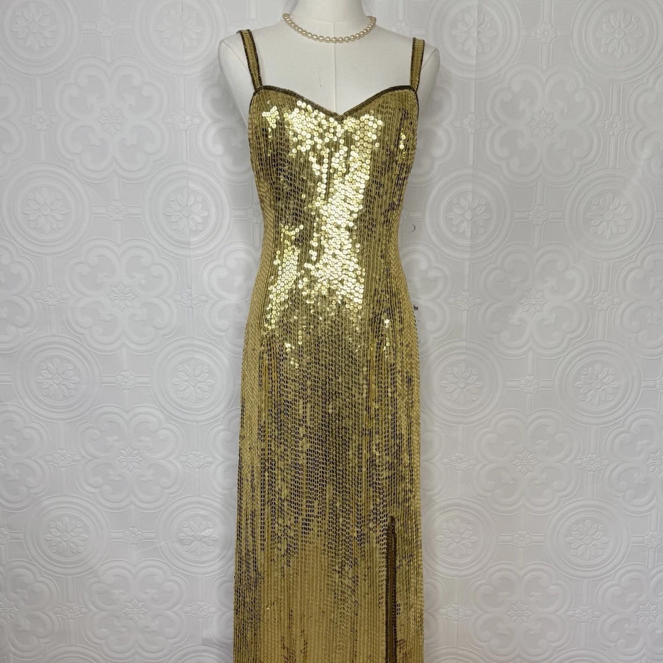 Vestido de noche vintage Expressions para mujer 8 dorado seda lentejuelas cuentas Y2K Foto 3 de 4