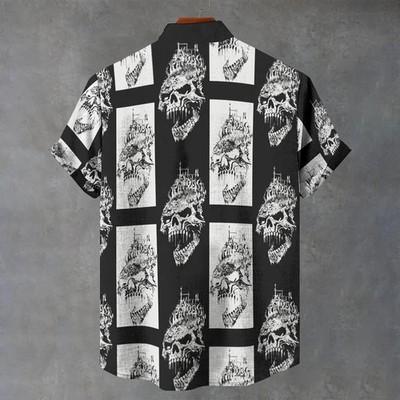 Skull Fire Hawaiian Shirt Digital Print Aloha Beach Vacation Button Up Top Mens