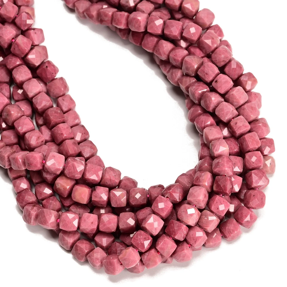 Grade A Natural Pink Petrified Rhodonite Faceted Cube Beads 7mm 15.5'' Strand - Image 2 of 2