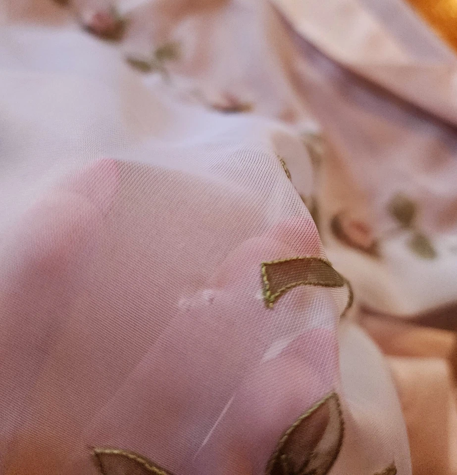 Vintage Tablecloth 44" - Sheer with 3d Roses, Applique, & Satin Edging - Image 4 of 4