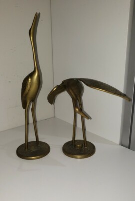 1960s Hollywood Regency Asian Style Brass Crane Birds Heron 2pc  Set