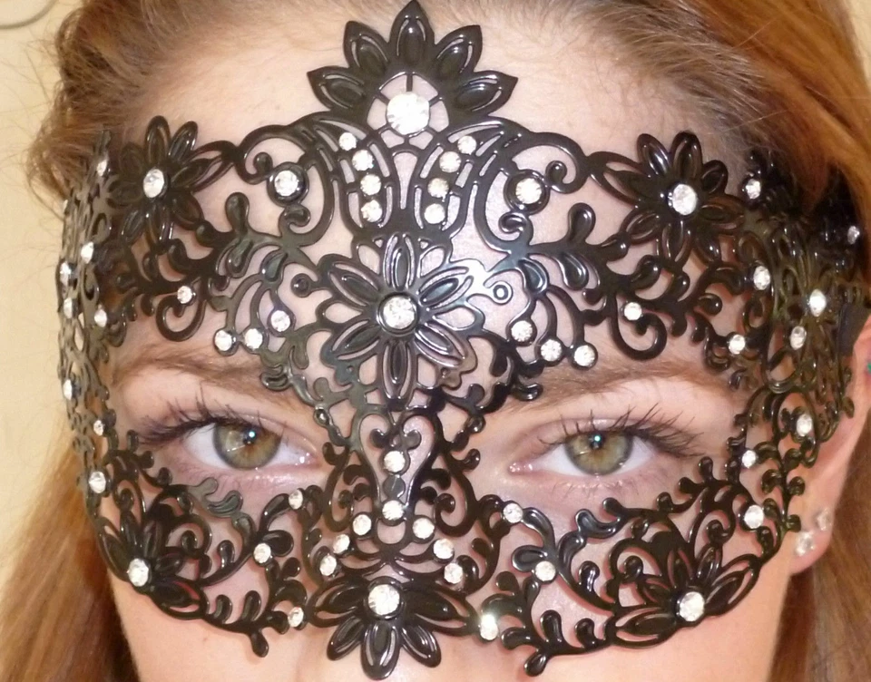 Black Floral laser cut Metal Mask,Rhinestone,Venecian Ball,Festival,Fancy dress - Image 2 of 2