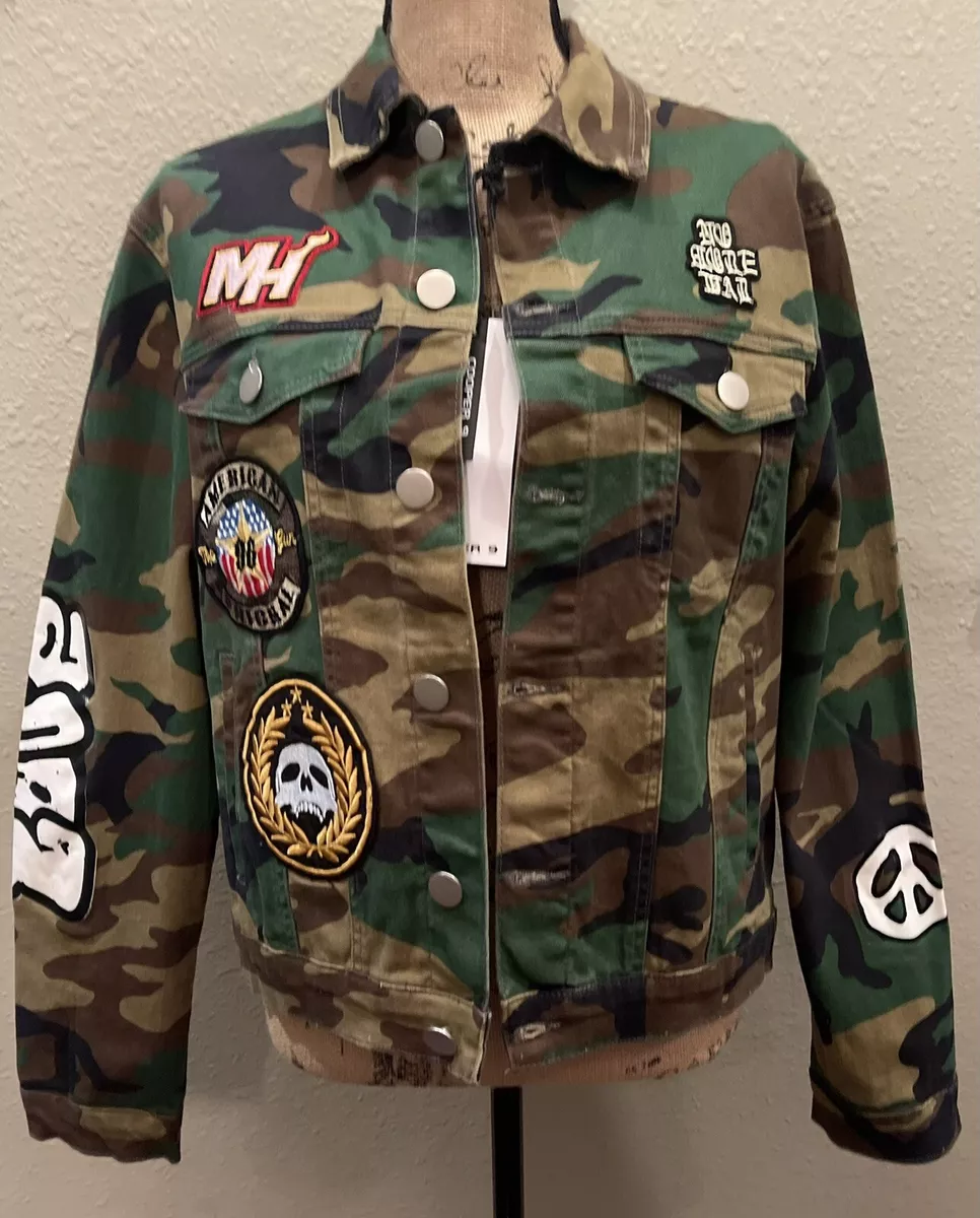 COOPER NINE LA PEACE LOVE ARMY CAMO JACKET EMBOSSED EMBELLISHED SZ S NEW W TAGS