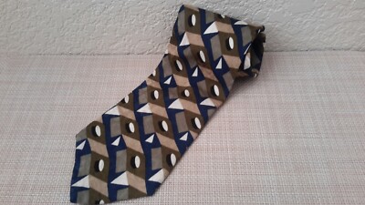 Ziggurat by Mulberry 100% Silk Made in USA Mens Necktie Beige/Blue Geometric