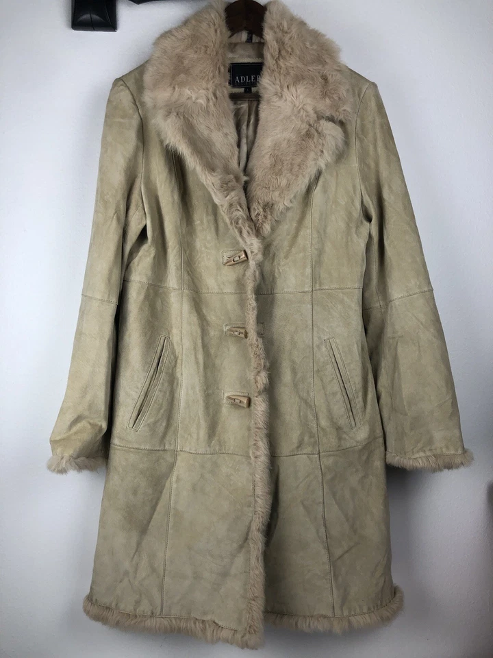Adler 棕褐色麂皮绒皮大衣夹克毛皮装饰女式大号 — 第 2/4 张图片