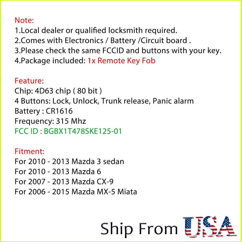 Para 2010 2011 2012 2013 Mazda 3 6 Coche Sin Llave Abatible Control Remoto Llavero Transmisor Foto 2 de 4