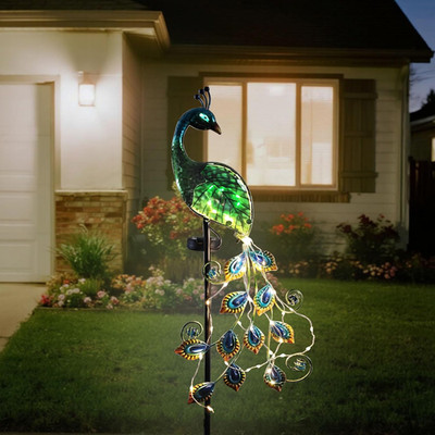 Solar Peacock Garden Stake Lights Outdoor, Waterproof Metal Glass Decorative Lan