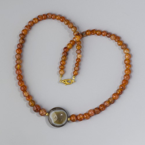 Indo-Tibetan Carnelian Old Beads Necklace with Luk Mik Eye Agate Bead Pendant