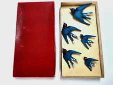 Mid-Century Flock of 5 Flying Wall Mounted Wood Swallows Original Box