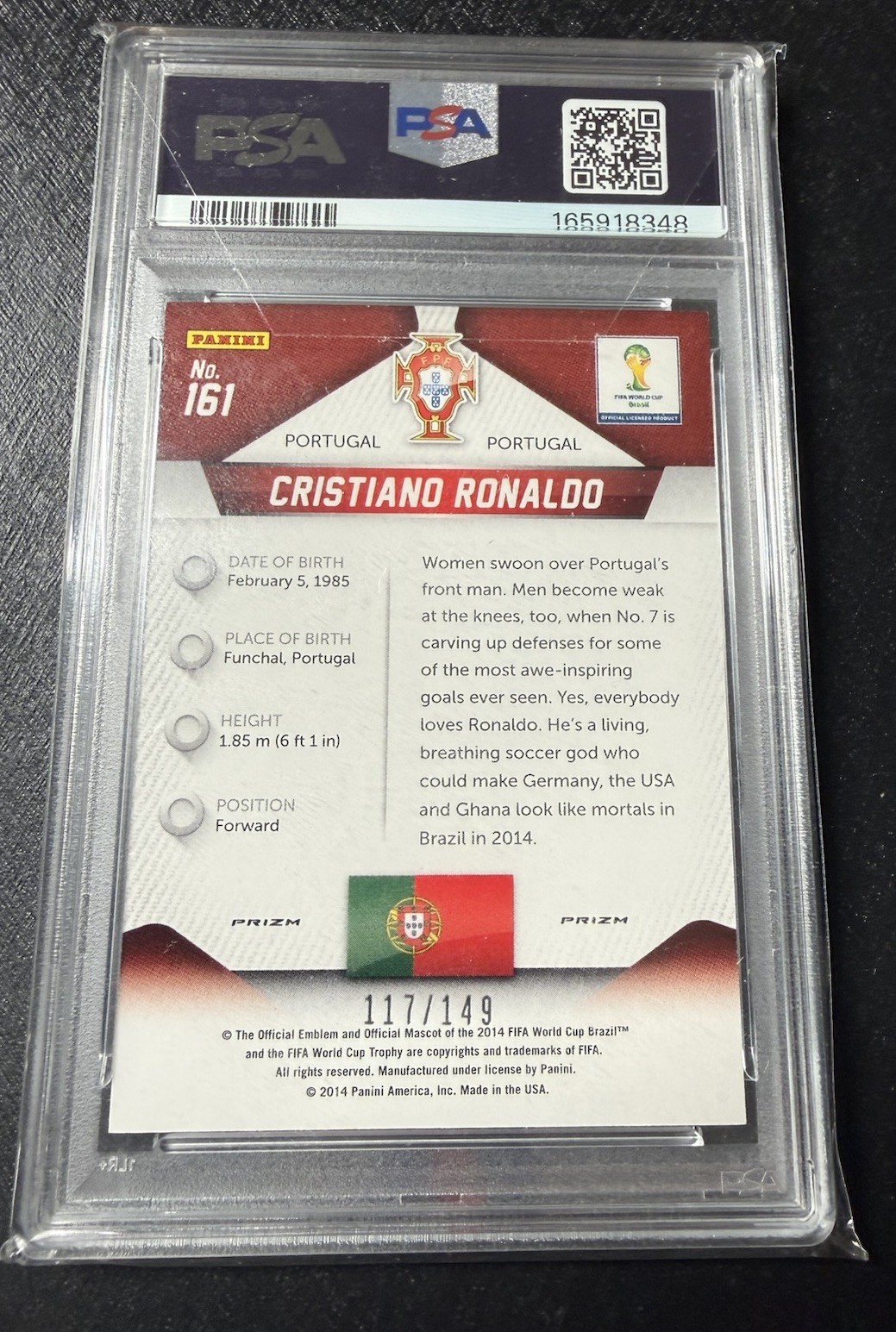 2014 Prizm World Cup Cristiano Ronaldo Red /149 PSA 9 None Graded Higher view 2