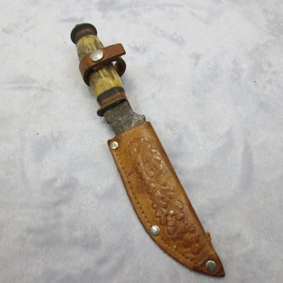 Stagg Handle German Buffalo Skinner Knife Oak Leaf Embossed Leather Sheath